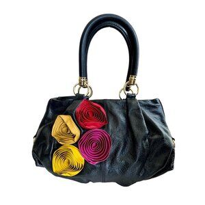 Antonio Melani Black Leather Shoulder Purse Rosebud Accents Gold Metal
